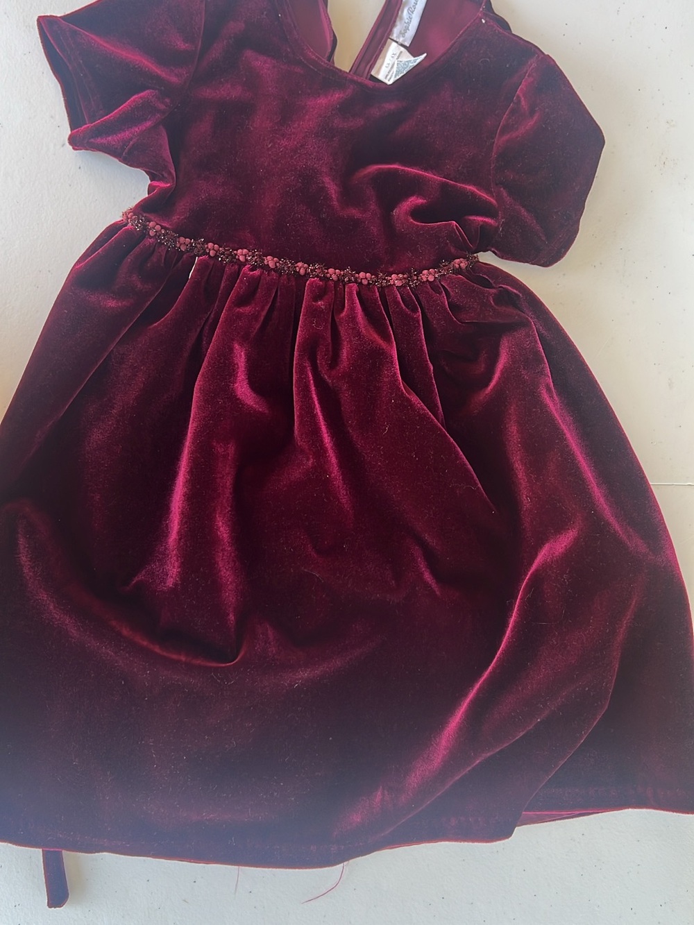 Velvet Burgundy Girls' Dress with Beaded Waist